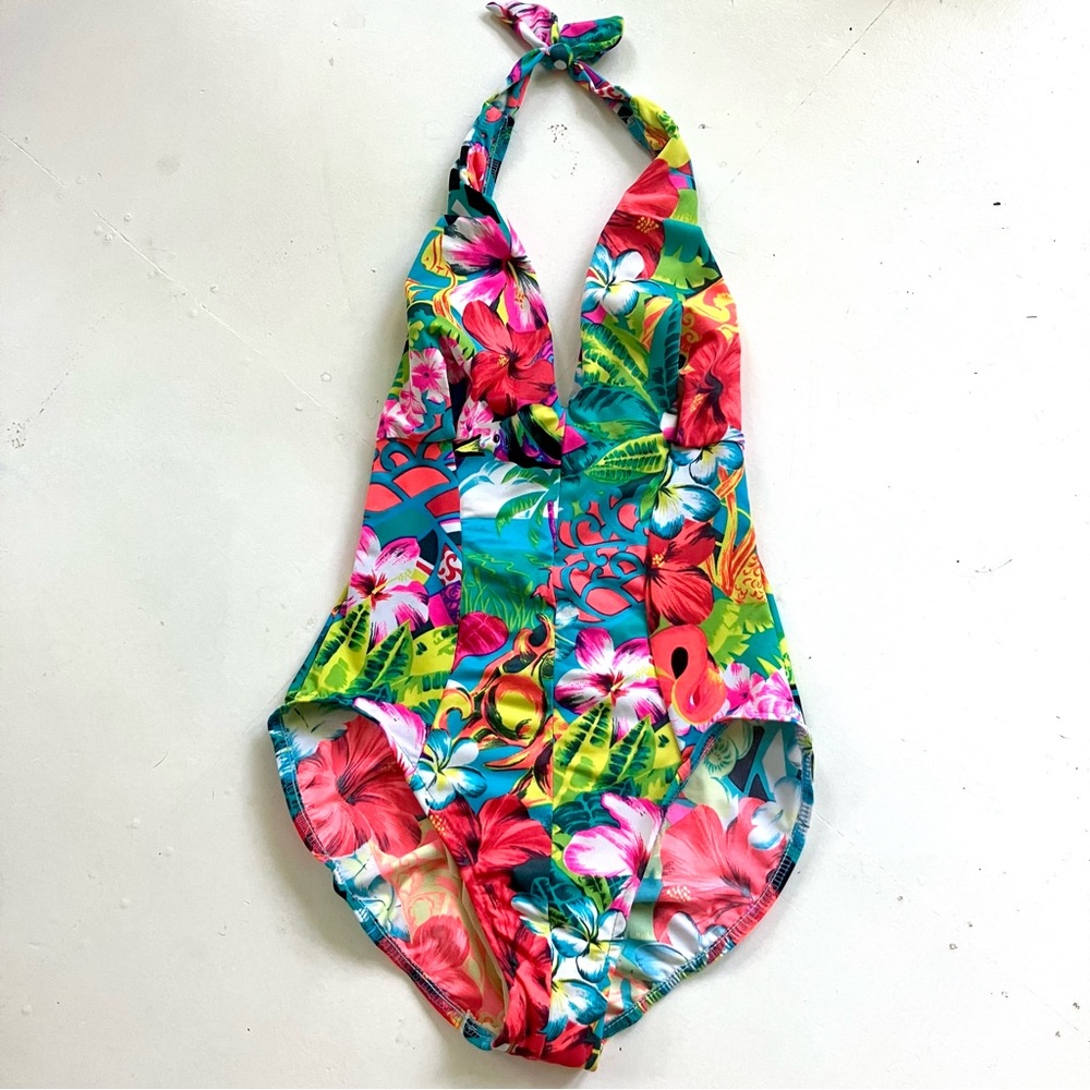 Vintage 80’s Swim Shaper tropical floral one piece halter swimsuit bathing suit
